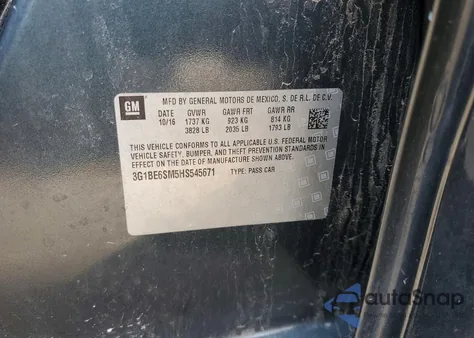 2017 Chevrolet Cruze Lt из США, поврежденный, VIN 3G1BE6SM5HS545671